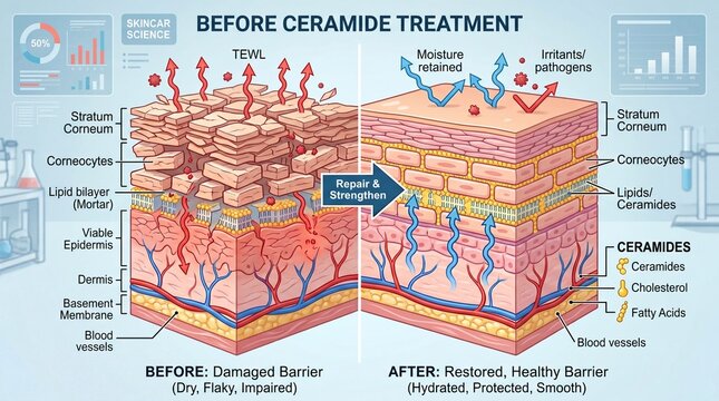 Damaged skin barrier illustration showing dry, flaky, impaired skin before ceramide treatment and hydrated, protected, smooth skin after ceramide repair, with labeled layers and components