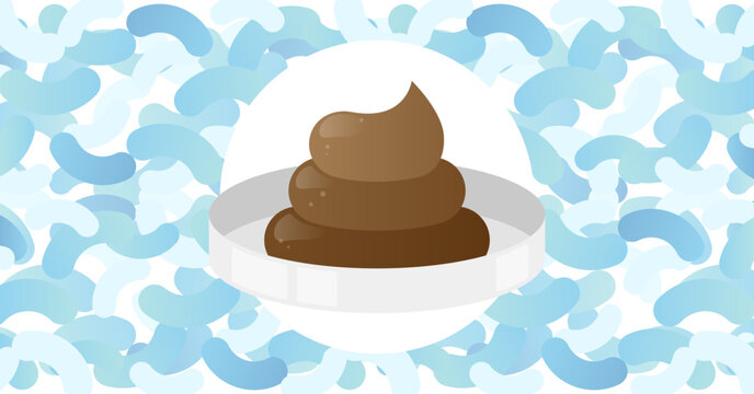 Fecal microbiota transplant (FMT) or stool transplant procedure concept illustration poster with healthy bacteria stool example on blue background, transparent background.