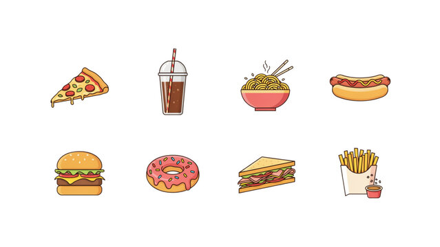 Set of pixel art fast food icons including burger pizza donut sandwich soda noodles hotdog and fries