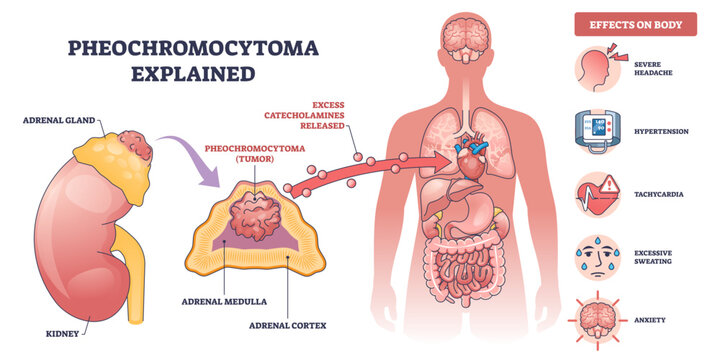Pheochromocytoma explained, adrenal gland tumor triggers excess catecholamines causing heart stress, key objects, adrenal gland, tumor, heart, transparent background