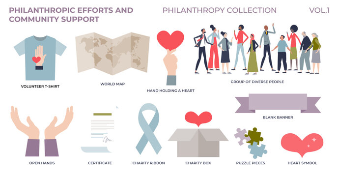 Philanthropic efforts and community support from tiny person collection set, transparent background. Labeled philanthropy elements with social aid, help and donations illustration.