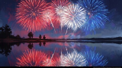 Patriotic red white and blue fireworks over lake, festive pyrotechnic display reflection in water, fourth of july celebration background