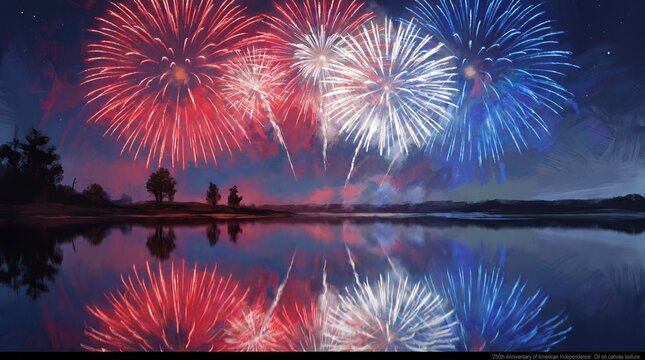 Patriotic red white and blue fireworks over lake, festive pyrotechnic display reflection in water, fourth of july celebration background