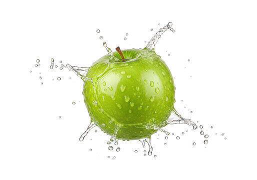 A fresh green granny smith apple splashing with clear water droplets and dynamic liquid motion isolated on a transparent background