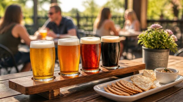 Beer flight with crackers served outdoors with friends and greenery in social tasting mood