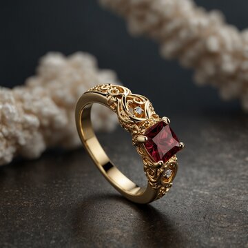 Realistic photo of princess cut spinel gemstone on gold ring ornate setting realistic product render