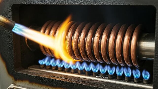 A metal coil is being heated by a bright blue flame in a workshop setting