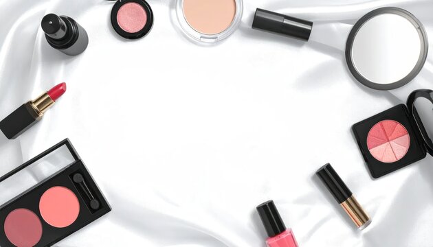 Collection of Makeup Products Arranged on White Silk Fabric.