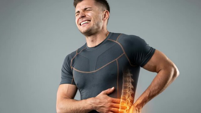 Man suffering from intense lower back pain. Athletic guy feeling spinal discomfort with highlighted vertebrae anatomy. Healthcare treatment and injury recovery concept.