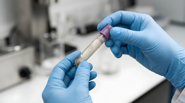 Laboratory technician in blue gloves inspecting discarded used EDTA blood collection tubes as biohazard waste