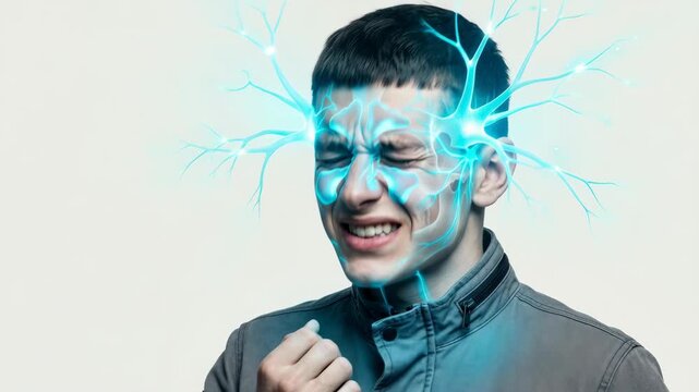 Man suffering from severe medical sinus pain. Patient with inflammation symptoms. Digital representation of facial nerves and head condition for health education.