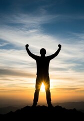 Fototapeta premium Silhouette of a Triumphant Man Standing on Mountain Peak with Arms Raised at Sunset - Success and Achievement Concept