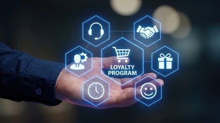 Fototapeta premium Hand presenting a loyalty program with various service icons