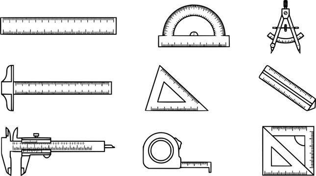 Black and White Line Art of Measuring Tools: Ruler, Caliper, Protractor, Compass, Triangles, Tape Measure