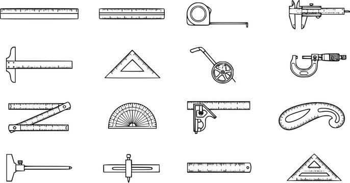 Black and White Line Art Icons of Measuring Tools: Rulers, Calipers, Micrometer, Protractor, Set Square