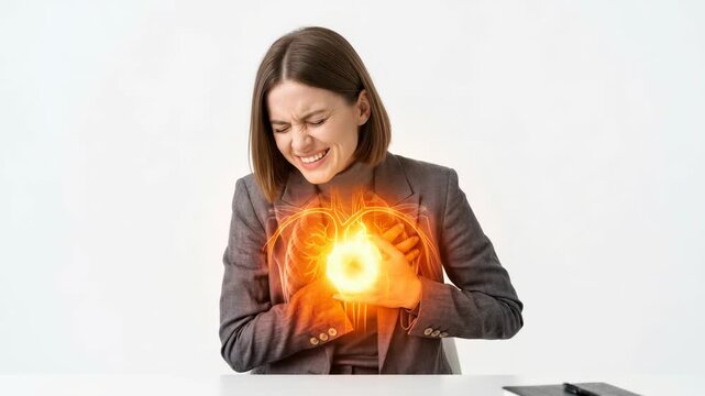 Woman suffering from severe chest pain with glowing heart illustration. Business lady feeling heart attack or stress. Medical health symptom visualization concept.