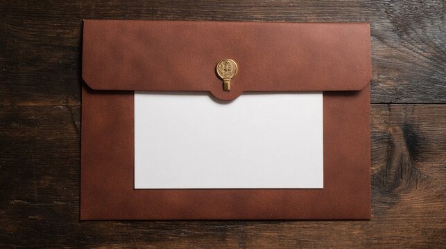 A brown leather folio with a brass closure holding a white card on wood