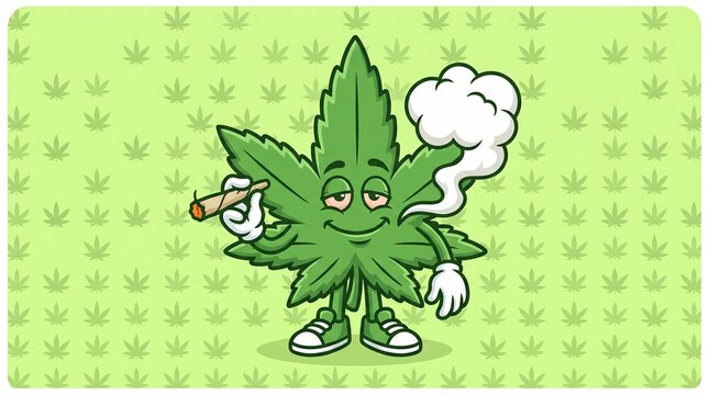 Anthropomorphic cannabis leaf character with chef hat holding joint in cartoon style illustration