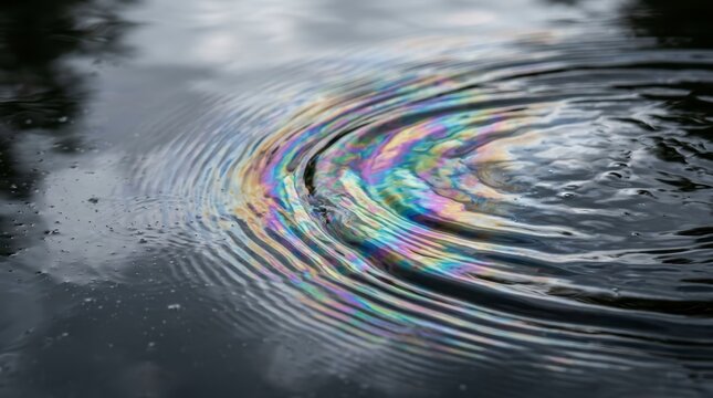 Colorful oil slick swirls on dark water surface with abstract light reflections