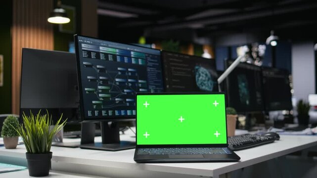 Green screen mockup laptop in office used to automate app development tasks with machine learning. Chroma key notebook in empty startup workplace leverages AI to accelerate feature implementation.