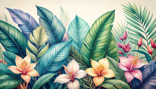 Vibrant tropical plants with pink flowers in natural sunlight.