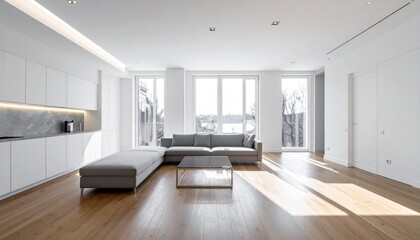 Fototapeta premium Modern minimalist kitchen with white cabinetry and island.