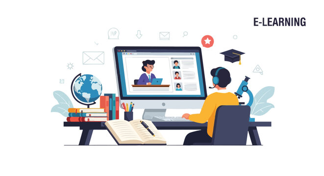 E-learning concept with student studying online using computer and educational materials.