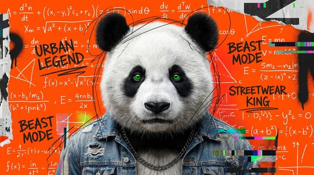 Edgy urban streetwear panda portrait with graffiti and math formulas