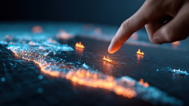 A finger points to a glowing map, highlighting a fleet of ships on a dark, digital landscape. ..Created with Generative AI, not depicting real subjects.
