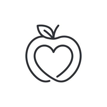 Apple Fruit with Heart Shape Inside Minimalist Line Art Icon for Diet App