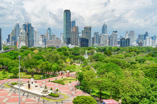 Amazing Bangkok skyline. Awesome aerial view of Lumpini Park