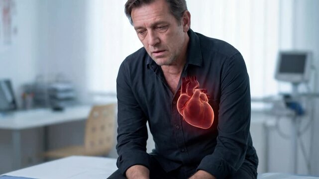 Man having heart pain during medical examination. Patient sitting in clinic with glowing organ overlay. Cardiac health condition assessment and medical diagnostic.