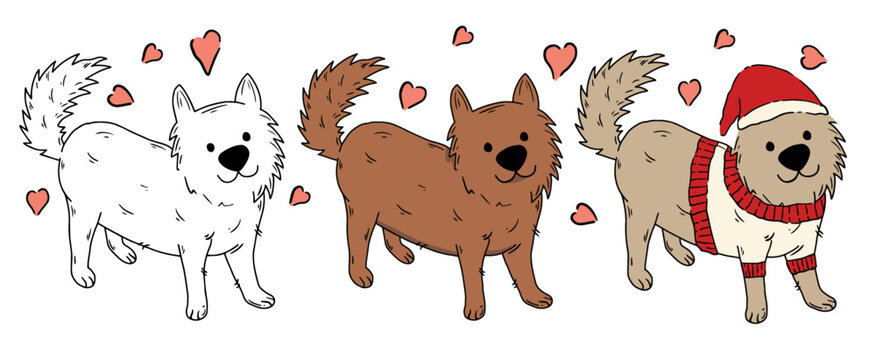 Cute puppy character set with hearts and Christmas outfit hand drawn illustration. Hand drawn fluffy dog collection including white sketch brown puppy and Christmas theme dog with Santa hat