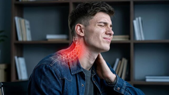 Man experiencing severe neck pain while working in office. Young guy suffering from cervical spine injury and inflammation. Medical concept of healthcare problem.