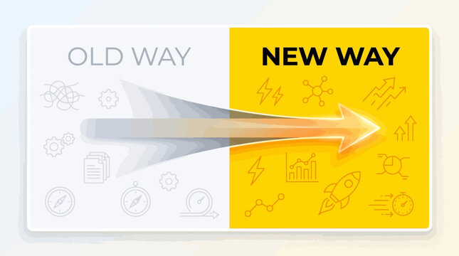 Modern business transformation illustration contrasting outdated legacy systems with innovative digital solutions