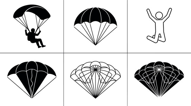 Collection of Parachute Icons and Skydiving Silhouettes for Extreme Sports and Adventure Tourism DesignCollection of Parachute Icons and Skydiving Silhouettes for Extreme Sports and Adventure Tourism