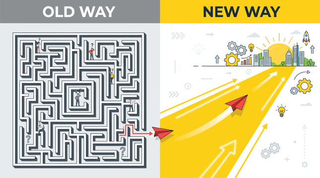 Business transformation illustration contrasting outdated complexity with modern innovation