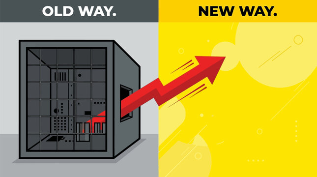 Modern illustration comparing outdated legacy systems with innovative solutions for business transformation