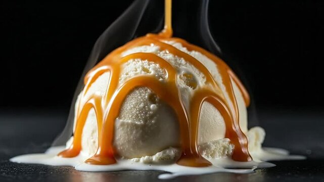 A single scoop of vanilla ice cream is drizzled with warm golden caramel sauce