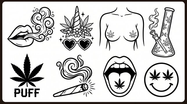 Stylized black and white cannabis smoking accessories and symbols illustration