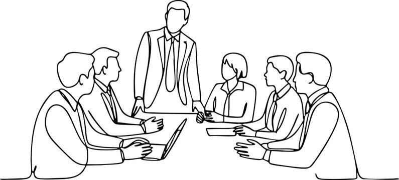 Continuous line illustration of business meeting with presenter standing presentation business professional