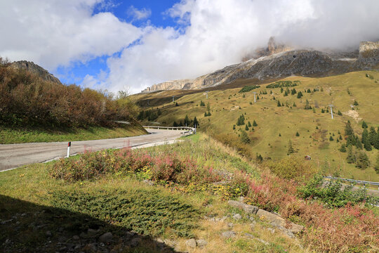 Landscape at Sass Pordoi - Pordoi Pass- Strada Statale 48 delle Dolomiti, South Tyrol, Italy