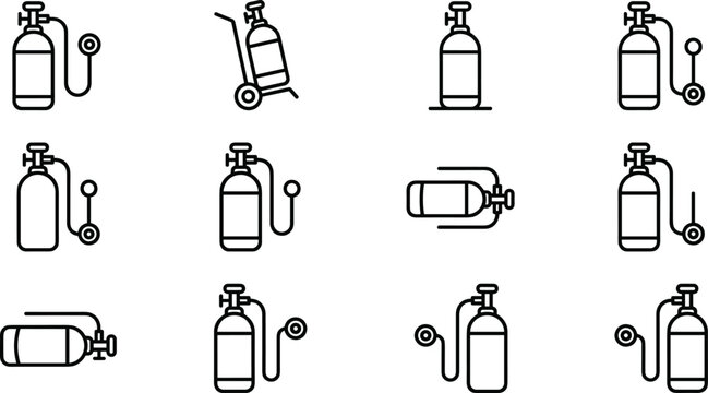 Gas Cylinder Oxygen Tank and Scuba Diving Equipment Line Icon Set Featuring Industrial Pressure Vessels