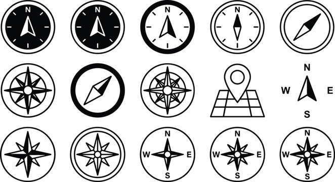 Compass vector icon set with wind rose navigation symbols and map pointer isolated on white background