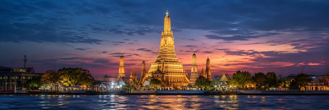 Wat Arun Temple at Dusk: A breathtaking panoramic view of the majestic Wat Arun temple in Bangkok, illuminated against the vibrant hues of the twilight sky.