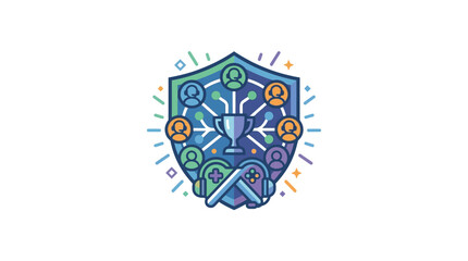 A stylized shield emblem featuring a central trophy surrounded by gamer avatars and gaming controllers. © Jau