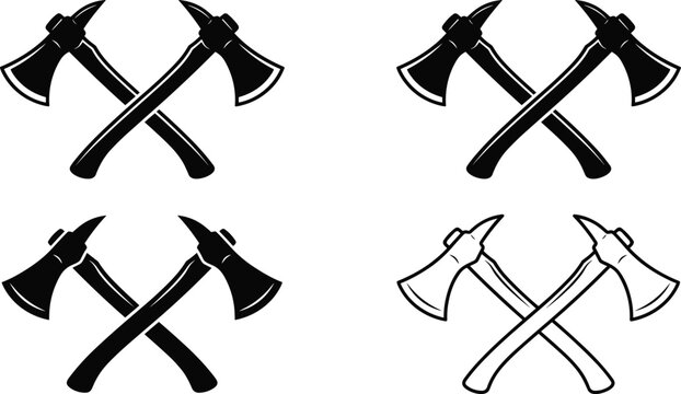 Crossed tomahawk axes vector emblem set featuring tactical hatchets silhouettes and linear outline designs in image_a4461f.png