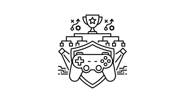 A black and white line art illustration of a gaming tournament emblem featuring a controller and trophy.