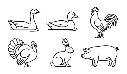 Minimalist farm animal line art vector pack with goose duck rooster turkey rabbit and pig outlines © Emdadul
