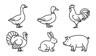 Farm animal line art collection with goose duck rooster turkey rabbit and pig outline vector illustrations © Emdadul